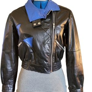 VtgSplit End Ltd Leather Crop Moto Jacket in Blue & Black
